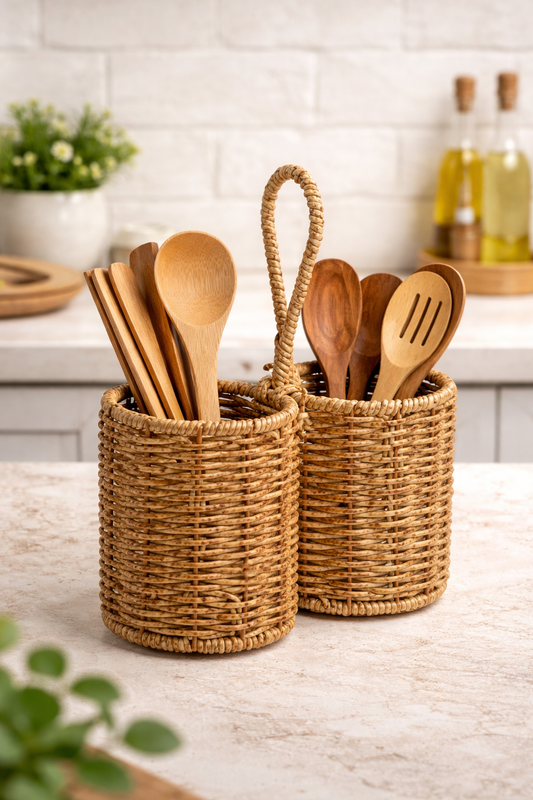 Çift Bölmeli Hasır Kaşıklık – Rattan Mutfak Kaşıklık ve Organizer