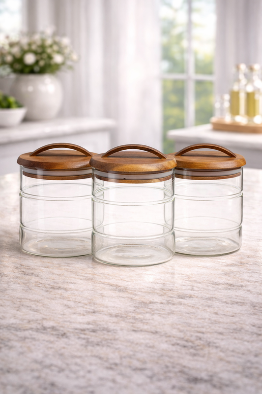 Cam Kavanoz 3’lü Set – Akasya Ahşap Kapaklı, Contalı, Çok Amaçlı Saklama Kabı
