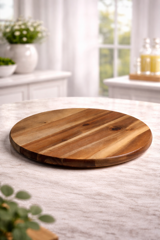 Doğal Akasya Yuvarlak Sunum Tahtası – Servis Standı – 36 cm