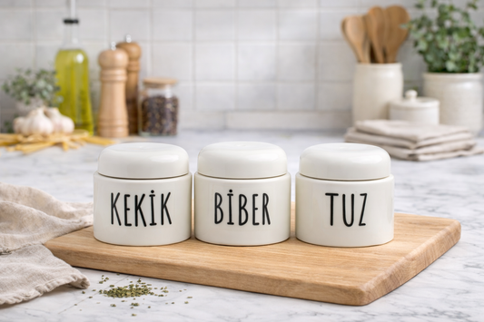 3’lü Seramik Baharatlık Seti – Kapaklı Etiket Hediyeli