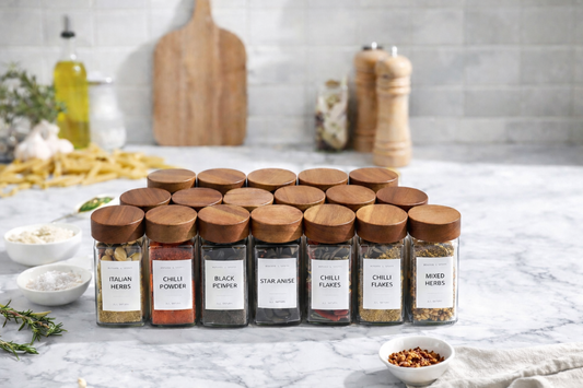 12’li Cam Baharatlık Seti – Ahşap Kapaklı Kavanoz Baharat Takım